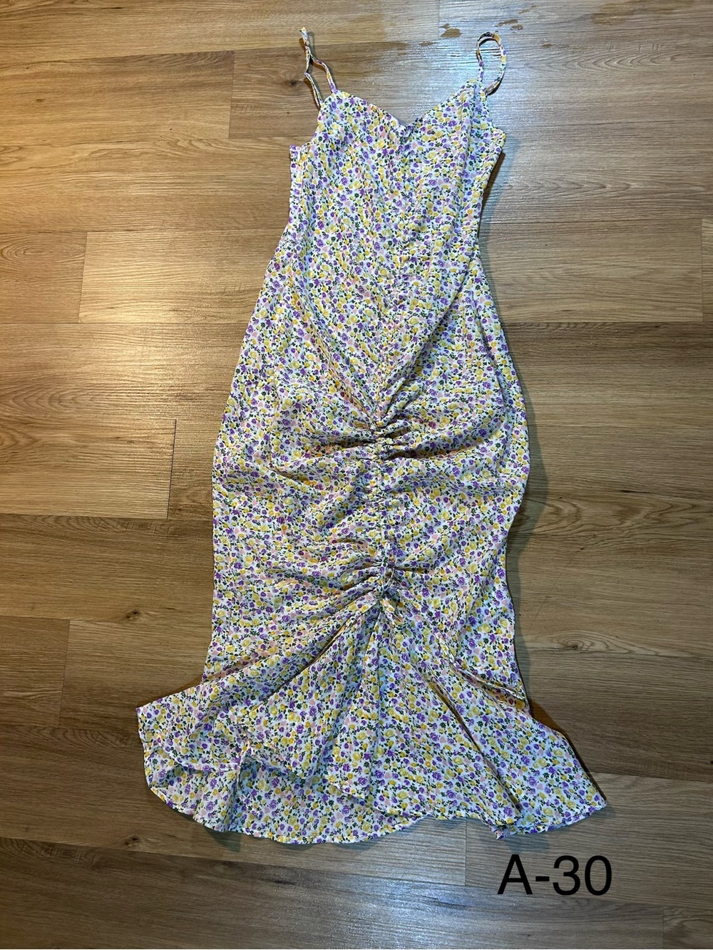 NWT Cupshe Brisa M White Purple Ditsy Floral Ruched Ruffle Midi Dress